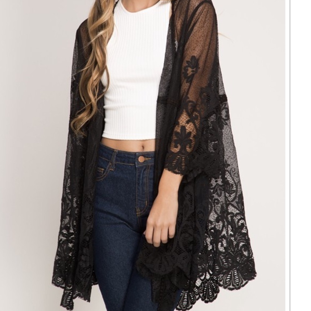 Black floral lace 3/4 length sleeve kimono